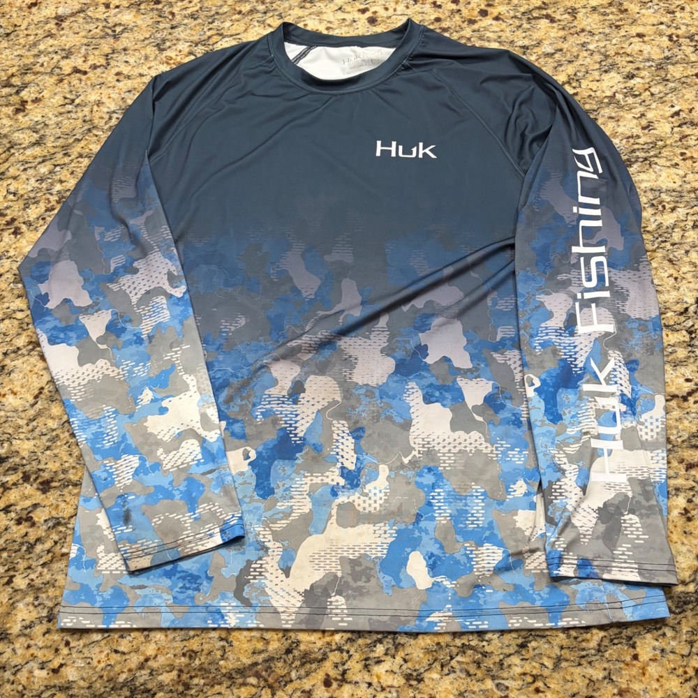 Huk Pursuit Fishing Shirt Mens Large Blue Camo Long Sleeve Performance Tee v